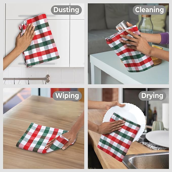 Urban Villa Christmas Kitchen Towels 100% Cotton Dish Towels for Kitchen (Set of 6) 20”x30” Dish Cloths Absorbent Kitchen Linen Set with Hanging Loop Perfect for Drying Dishes Cleaning – X MAS Checks