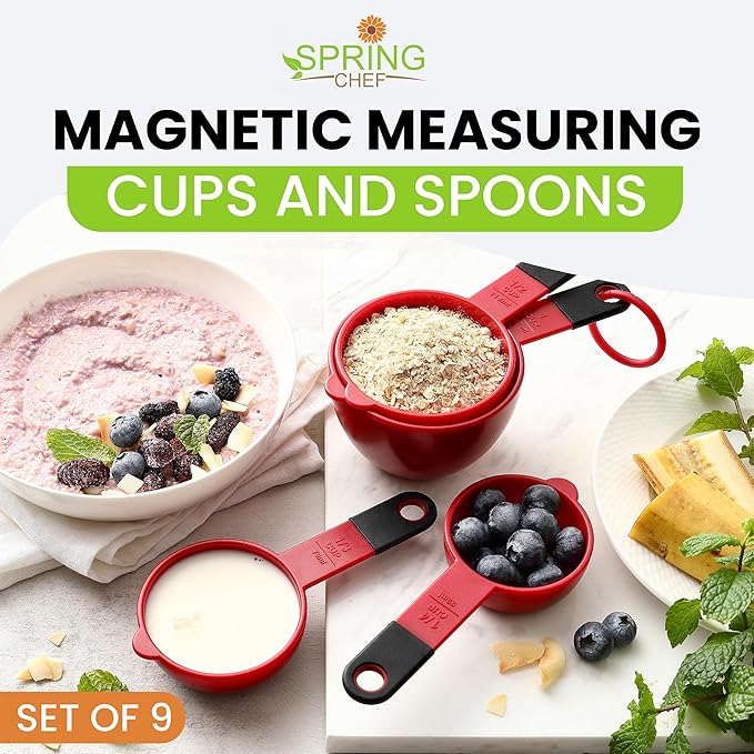 Spring Chef Red Magnetic Measuring Cups and Spoons Set of 9, Stackable Plastic Kitchen Gadget with Easy to Read Markings - Measure Dry or Liquid Ingredients for Baking & Cooking, BPA Free