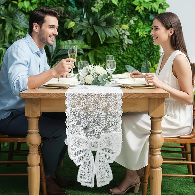 White Lace Table Runner with Big Bow Ends 12 x 71 Inch Vintage Rectangle Macrame Embroidered Runner French Style Tablecloth for Wedding Kitchen Dining Table Home Decor