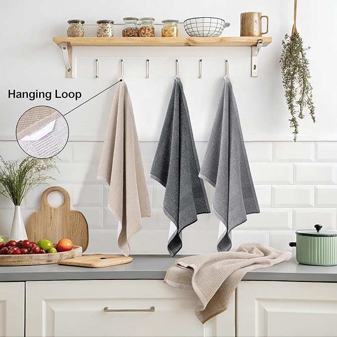 Mordimy Premium Kitchen Towels 6 Pack (18 x 28 Inches, Grey/Khaki/Black), Large Cotton Flat & Terry Kitchen Hand Towel, Super Absorbent Tea Dishtowels Set with Hanging Loop