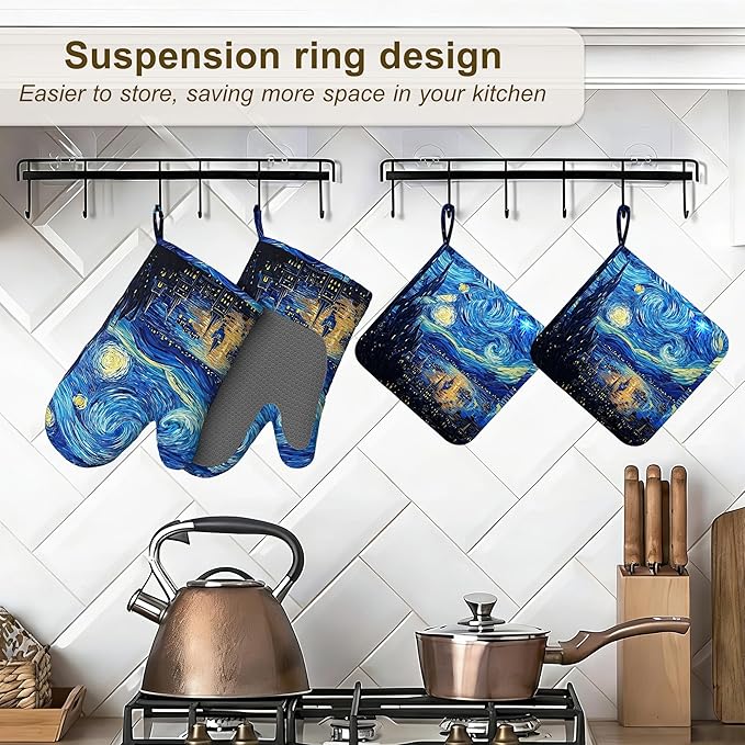 Starry Night Oven Mitts and Pot Holders Set of 4, Heat Resistant Non Slip Kitchen Gloves Hot Pads, Chef Cooking Baking Gifts for Women Bakers, Kitchen Gifts for Cooking Lover Cooks Mom