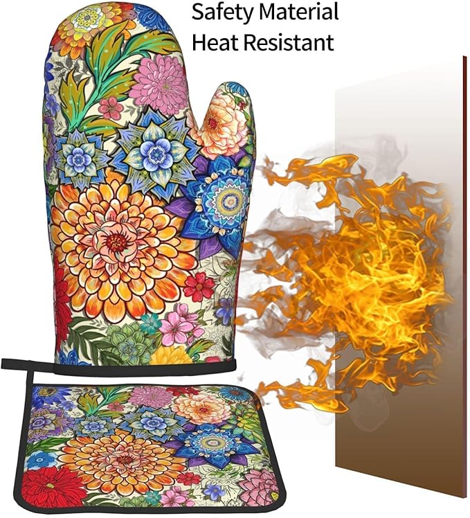 Boho Floral Oven Mitts and Pot Holders Sets of 3, Colorful Flowers Heat Resistant Kitchen Gloves Hot Pads, Chef Baking Gifts for Baker Women Mom Wife, Spring Easter Kitchen Gifts for Cooking Lover