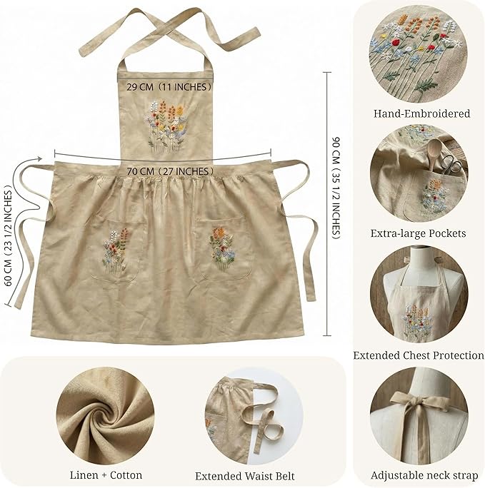 Linen Apron with Hand Embroidered Floral Design, Natural Fabric Apron for Kitchen, Linen Apron with Pockets, Cooking, Baking, Gardening, Florist, Chefs, Artists