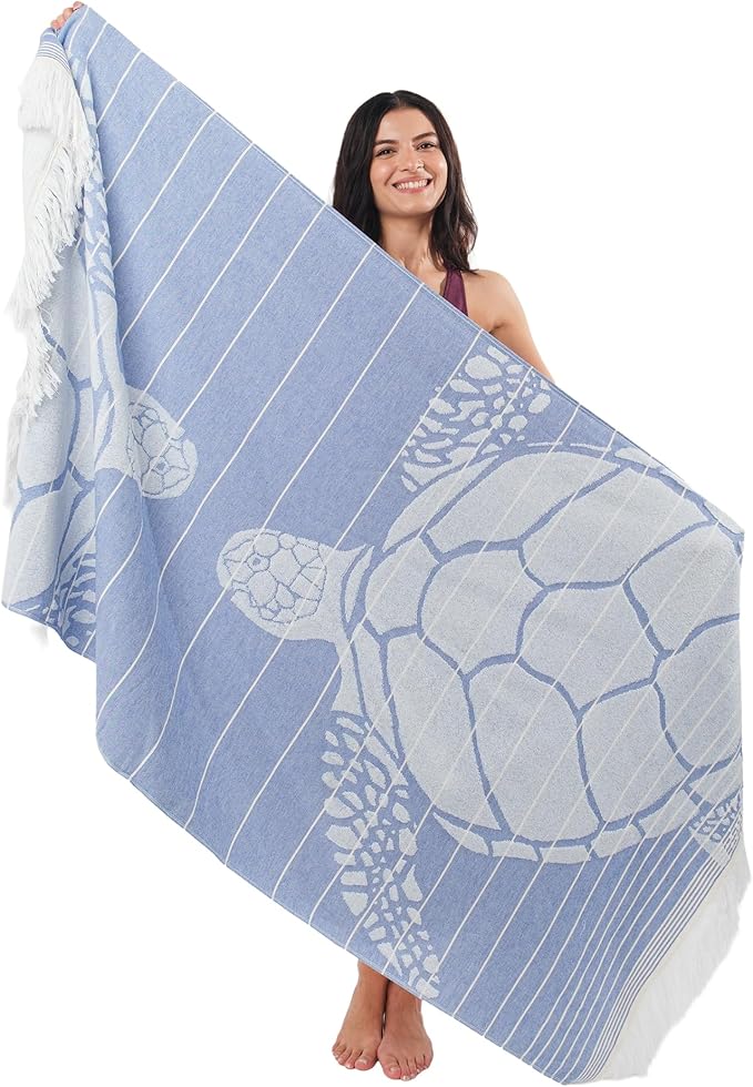 SOFE H&L | LINVIA Foutah Quick Dry Beach Towel Pack of 1 (35” x 70”) CARETTA - Blue | Lightweight, Premium, Fade Resistant, Durable | Travel Towel, Turkish Beach Towel with Shoulder Strap