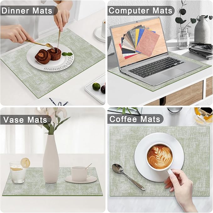 Homaxy Faux Leather Heat Resistant Placemats for Dining Table Set of 8, Waterproof Wipeable Washable PU Table Mats, Easy to Clean Anti-Slip Place Mats, 11.8" x 17", Grass Green