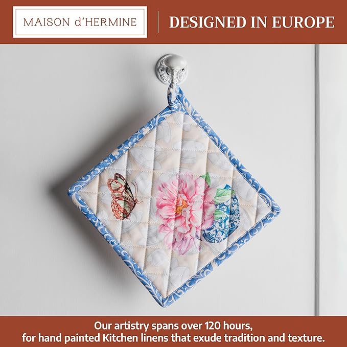 Maison d' Hermine Pot Holders 100% Cotton Heat Resistant Potholders 8" x 8" Hot Pads with Loop BBQ Cooking Baking Gifts for Mothers Day Handling Hot Pans Spring/Summer (Pack of 1, Canton)