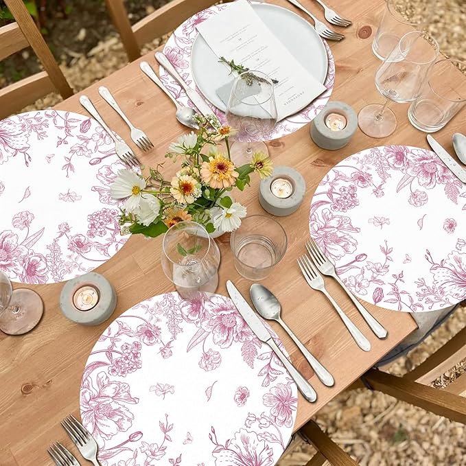 50 Pack Paper Placemats Disposable Pink Floral Placemats 13.7 Inch Vintage Chinoiserie Place Mats Decorative Round Table Mats for Dinner Table Setting Birthday Wedding Party Supplies