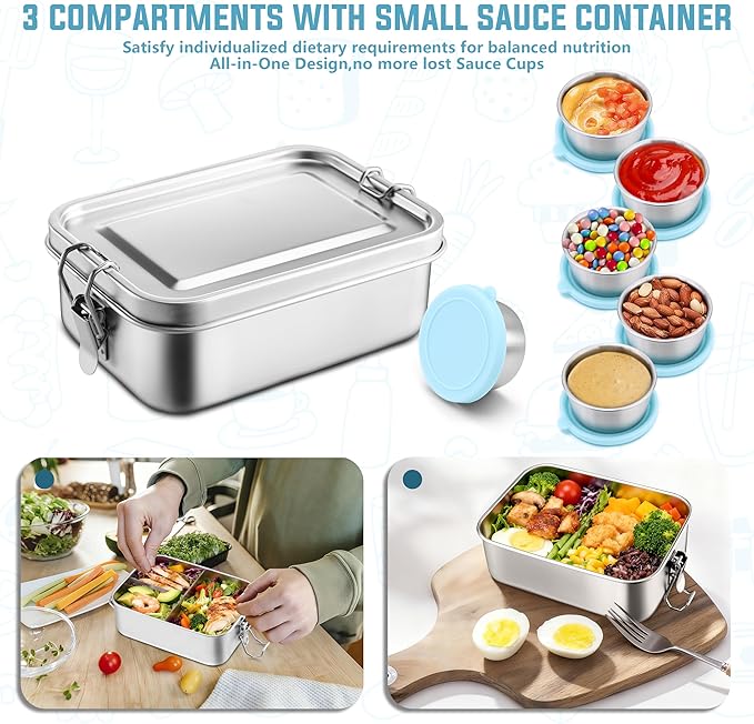 HaWare Lunch Box, 29oz (850ML) Stainless Steel Bento Box with Condiment Container and Carrying Bag, 3 Compartment Food Container for Kids and Adults, Leak-Proof Metal Snack Box, Dishwasher Safe
