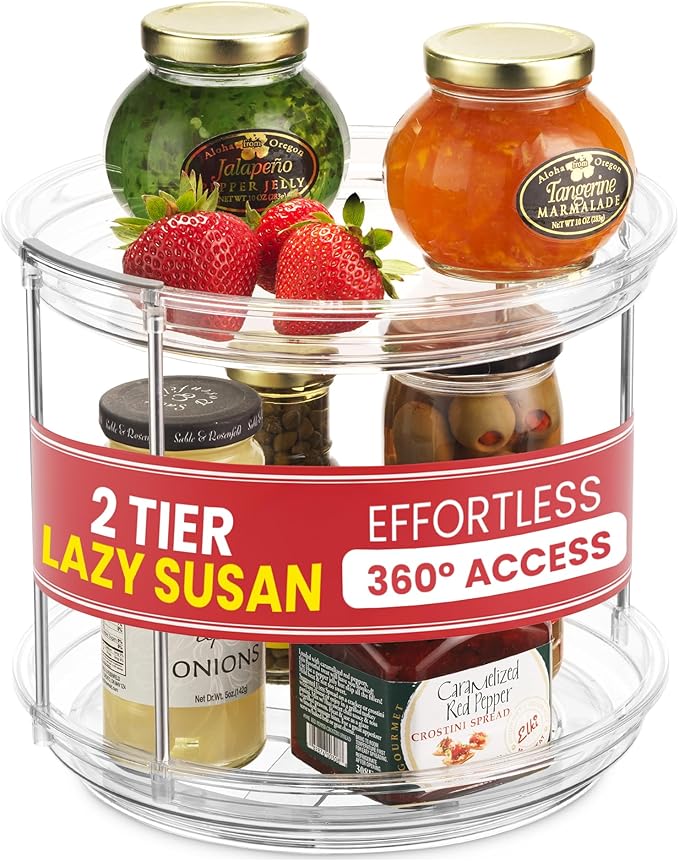 Oizeir 2 Tier Lazy Susan Organizer for Cabinet, Clear Acrylic Rotating Spice Rack Turntable for Kitchen, Pantry, Countertop, Bathroom, Vanity – Double Tier Storage Carousel with Metal Supports