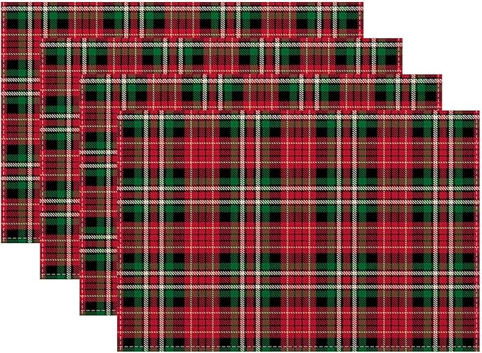 Christmas Place mats Set of 4, 12x18 Inches Red Green Plaid Decorative Placemats Rectangle Winter Table Mats for Party Home Kitchen Dining Table Decoration