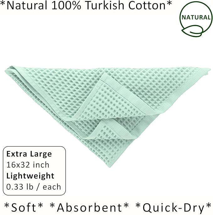 PÜSKÜL Natural 100% Turkish Cotton Waffle Kitchen Towels Set of 3 | Oeko-Tex, Premium Waffle Hand Towels for Bathroom | Soft Absorbent Quick-Dry Lint-Free Dish Towel Large 32x16 inch (3, Ice Green)