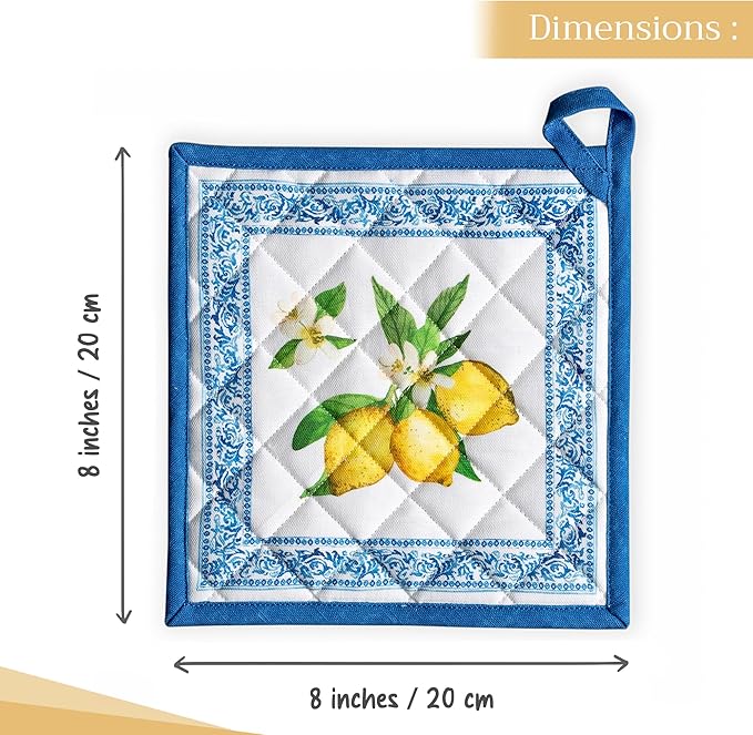 Maison d' Hermine Pot Holders 100% Cotton Heat Resistant Potholders 8" x 8" Hot Pads with Loop BBQ Cooking Baking Gifts for Mothers Day Handling Hot Pans Spring/Summer (Pack of 1, Cedrat)