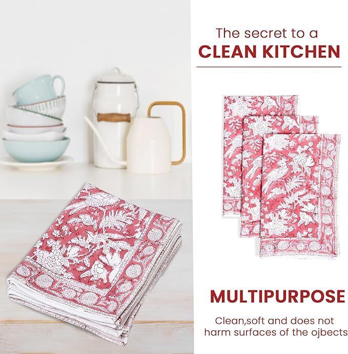 CPC Coral Pink Hand Block Print Waffle Kitchen Towel Set of 3-16 x 28 Inch Ultra Absorbent Quick Dry Cotton Dish Towels Lightweight Reusable Sustainable Tea Towels for Cleaning and Drying