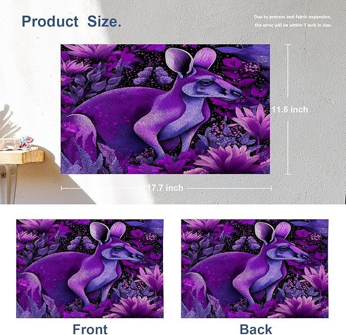 Batmerry Cute Kangaroo Placemats, Violet Kangaroo in Flowers Washable Linen Table Mats for Kitchen Table Double Insulation Decor Dining Set Indoor Outdoor 12X18 in Set of 4