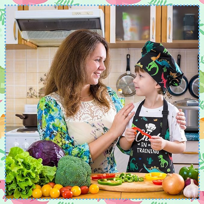 Kids Apron and Chef Hat Set, Funny Apron with 2 Pockets, Adjustable Kids Aprons for Cooking for Boys and Girls