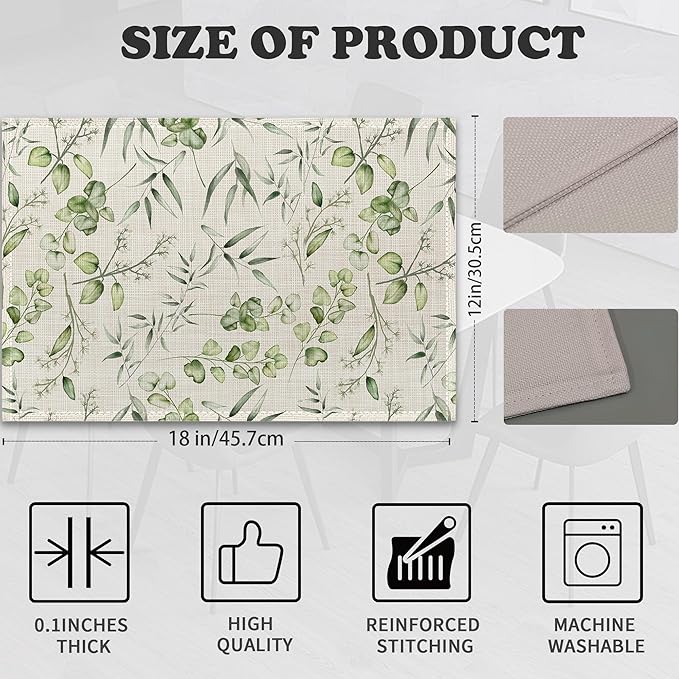 Eucalyptus Leaves Placemats Set of 6 Linen Heat Resistant,Elegant Flower Table Mats Washable Rustic Place Mats Decoration for Home Kitchen Dining Room Party 12x18 Inch