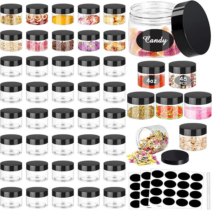 SLifeJars 4OZ Plastic Jars 48Pcs Wide Mouth Round Clear Container Jars with Black Lids Stackable Empty Slime Jar Refillable Clear Airtight Travel Storage Jar for Kitchen, Beauty Products and More