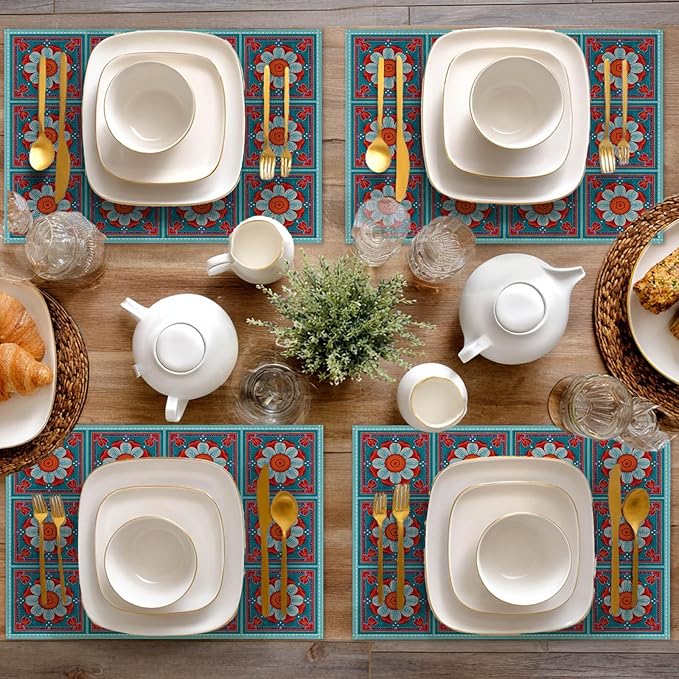 HOMETITUTE Placemats Set of 4 Linen 12x18 Inch Washable Table Mats Bright Bohemian Style Place Mats Colorful Autumn Placemats Decorative Kitchen Dining Table Set