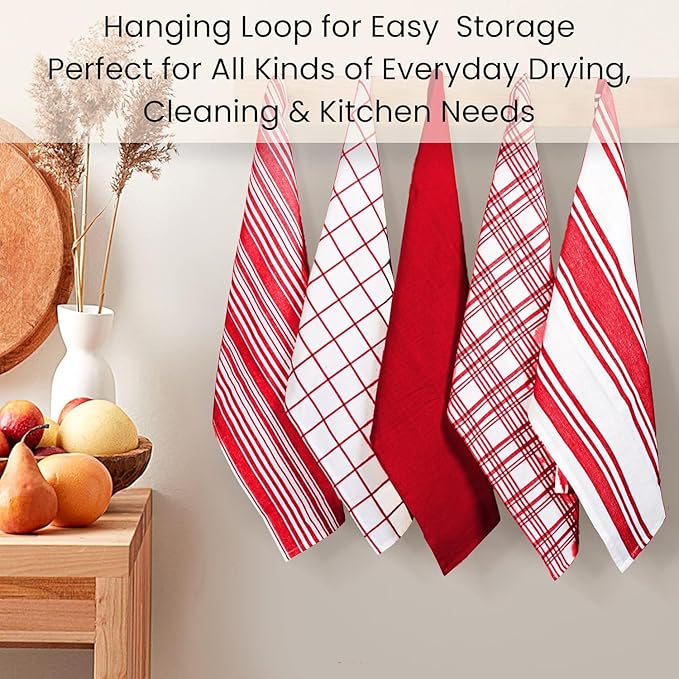 Cotton Clinic Assorted Kitchen Towels 5 Pack – Soft Absorbent Quick Drying Table & Kitchen Linen - Dish Towels, Dish Cloths, Tea Towel and Cleaning Towel with Hanging Loop – 16x28 / Red White