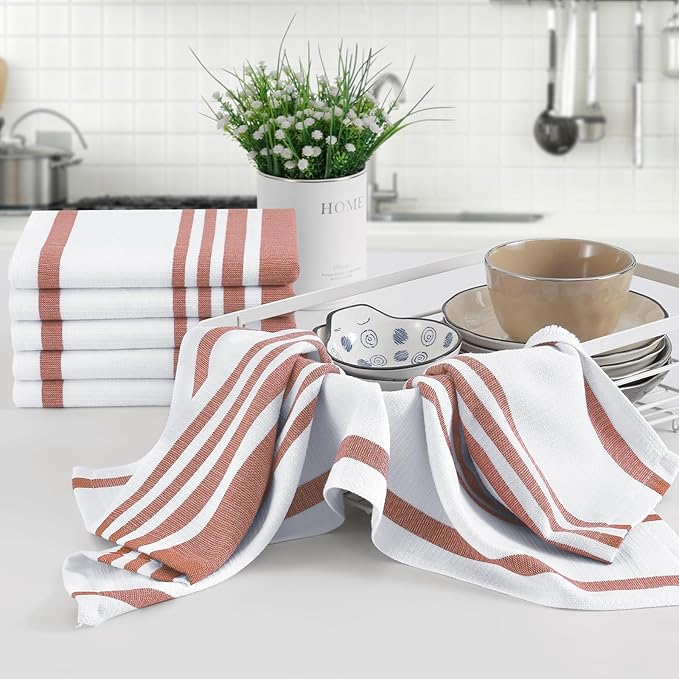 Homaxy Premium Kitchen Towels 18”x 28”, Large Cotton 380 GSM Kitchen Hand Towels, Stripe and Terry Dish Towel, Highly Absorbent Tea Towel Set with Hanging Loop, 8 Pack, Rust