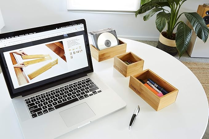 Bamboo Drawer Organizer and Storage Set, Multi-use Set of 5 Storage Trays, Wood Boxes of various sizes for Office Desk or homework, Kitchen, Bathroom Jewelry, Cosmetic Make up, Baby Bedroom, Junk.