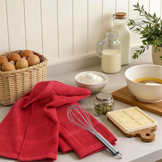 Homaxy Premium Kitchen Towels 18"x28", 6 Pack Large Cotton 380 GSM Dish Towels, Soft and Absorbent Kitchen Hand Towels with Terry Grid Design, Utility Tea Towel Set with Hanging Loop, Red