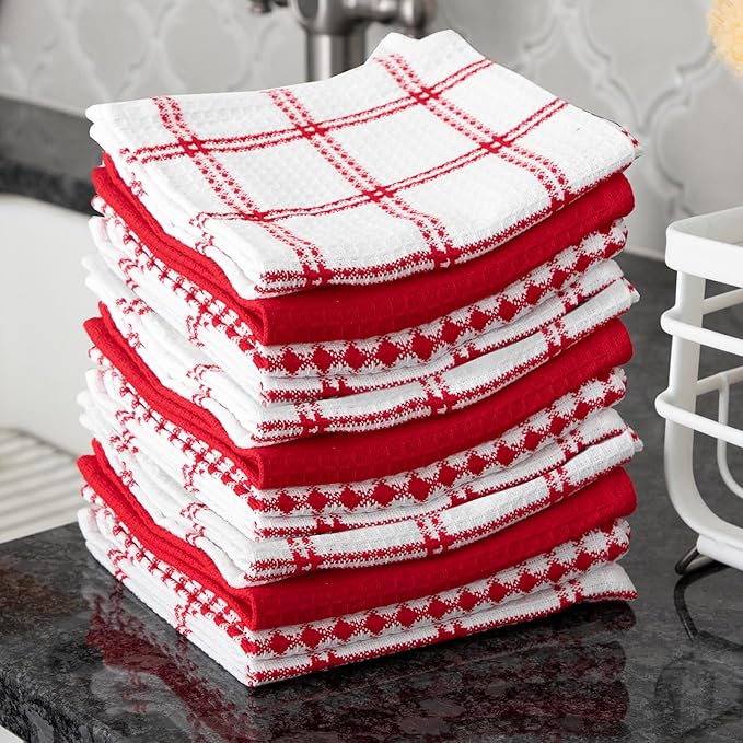 T-Fal Premium Waffle Dish Cloths: Highly Absorbent, Super Soft Long Lasting - 100% Cotton, 12"x13" Towel for Cleaning & Drying, (12-Pack), Red
