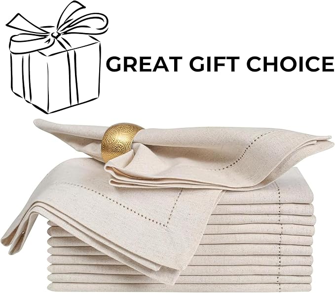 Homidate Linen Flax Cotton Cloth Dinner Napkins Set of 12 – 20x20 Natural Hemstitched Fabric – Machine Washable Elegant Reusable Table Napkins for Weddings, Parties & Dining Décor