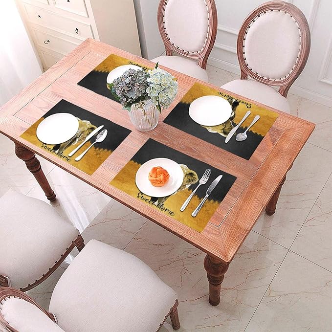 Elephant Placemats Set of 4, Black Gold Table Mats for Dining Table, Heat Resistant Washable Linen Place Mats for Home Party Kitchen Decoration 12"x18"