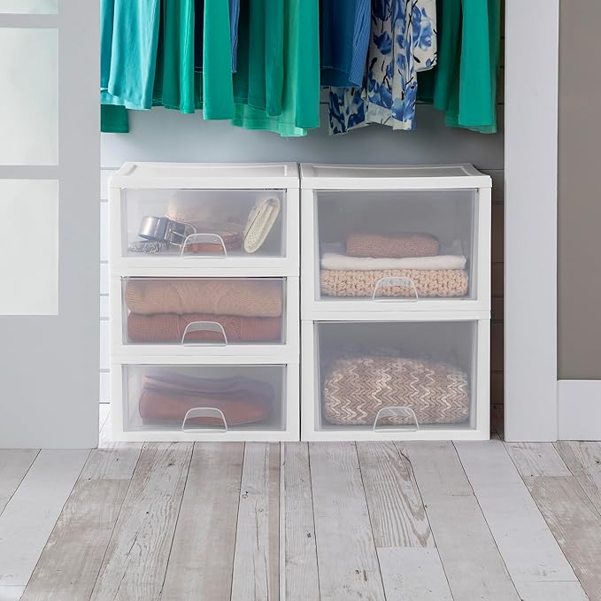 Sterilite 6-Pack 16 Quart Stacking Drawer, Clear Storage Closet Organizer, White Frame - Stackable Modular Plastic Drawers for Clothes, Accessories, Craft Supplies, Shoes or Linens