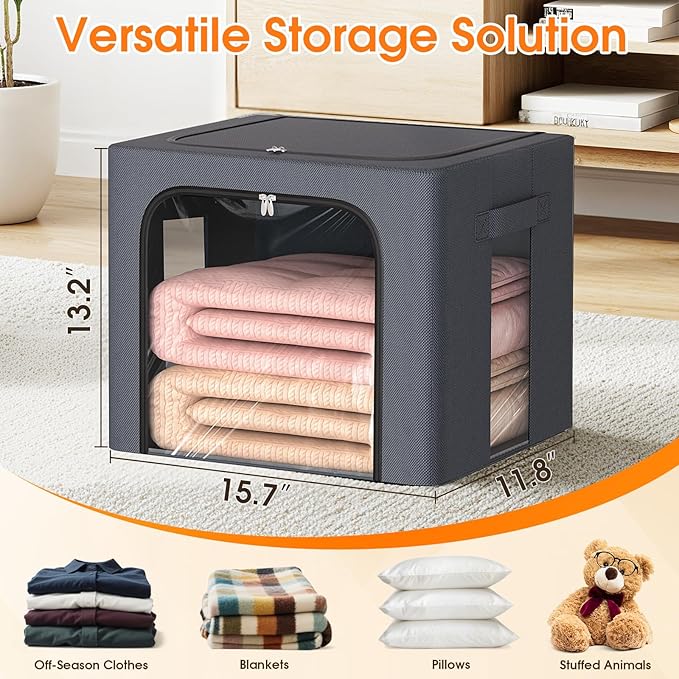 6 Pack Clothes Storage Bins with Metal Frame,40L Storage Bags Fabric Box Organizer with Clear Window,Zippers,Sturdy Handles(6 Pcs,Light Grey,40L)