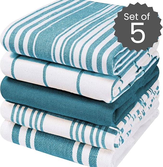 Cotton Clinic Assorted Kitchen Towels 5 Pack – Soft Absorbent Quick Drying Table & Kitchen Linen - Dish Towels, Dish Cloths, Tea Towel and Cleaning Towel with Hanging Loop – 16x28 / Teal Green White