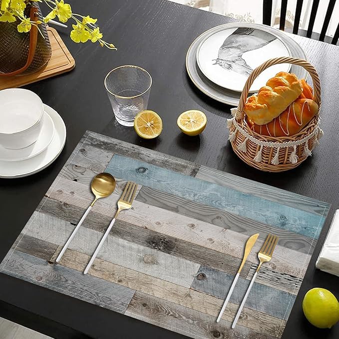 Grey Teal Placemats Farmhouse Blue Rustic Place Mats Vintage Country Style Decorative Table Mats Set of 4 - Linen Heat Resistant Wipeable Washable Dining Table Kitchen Placemats 12x18Inch