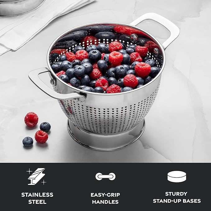 YH-Goods Stainless Steel Colander - 3-Piece Kitchen Sink Strainer Set for Pasta, Rice, Fruit, Food - Stackable Strainers and Colanders, (5-Quart, 3-Quart, and 1.5-Quart)