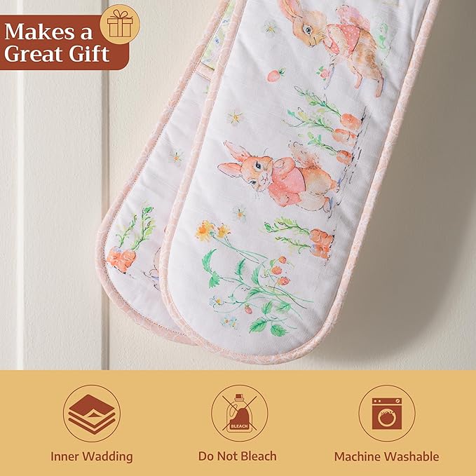 Maison d' Hermine Double Oven Mitts 100% Cotton 7"x35" Double Oven Mitt Heat Resistant BBQ Cooking Gloves with Loop Baking Grilling Gifts for Mothers Day Spring Summer (Bunny Party)