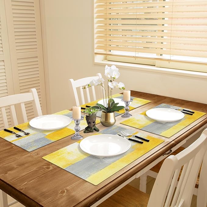 Emvency Farmhouse Placemats Set of 4, 12x18 Inch Modern Grey White and Yellow Art Painting Table Mats for Outdoor Home Party Kitchen Dining Decoration