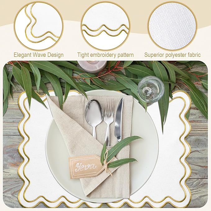 HunnmingRe Set of 6 Cotton Linen Placemats, 13x19 Inch Scalloped Wavy Embroidery Placemat Double Layered Washable Rustic Rectangle Dinner Table Mats for Wedding Home Decor(White with Gold)