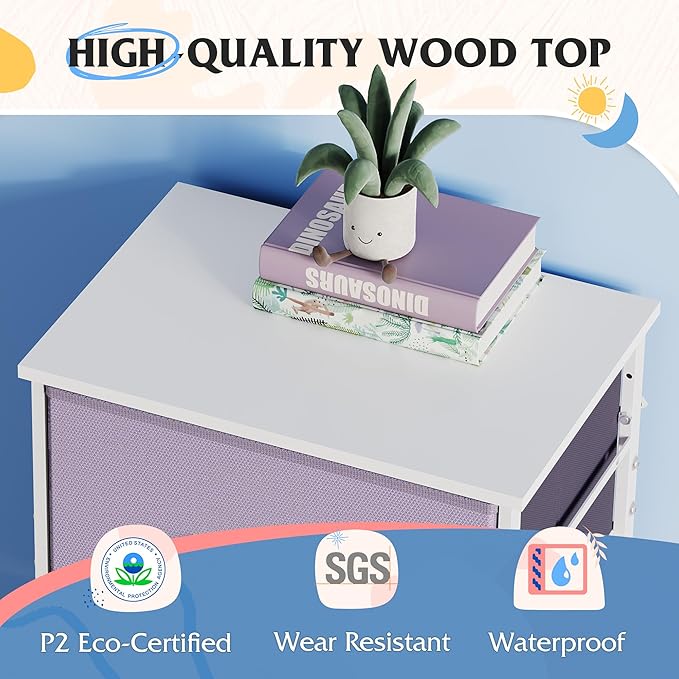 WLIVE Dresser with 4 Drawers, Storage Tower, Organizer Unit, Fabric Dresser for Bedroom, Hallway, Entryway, Closets, Sturdy Steel Frame, Wood Top, Easy Pull Handle, Purple
