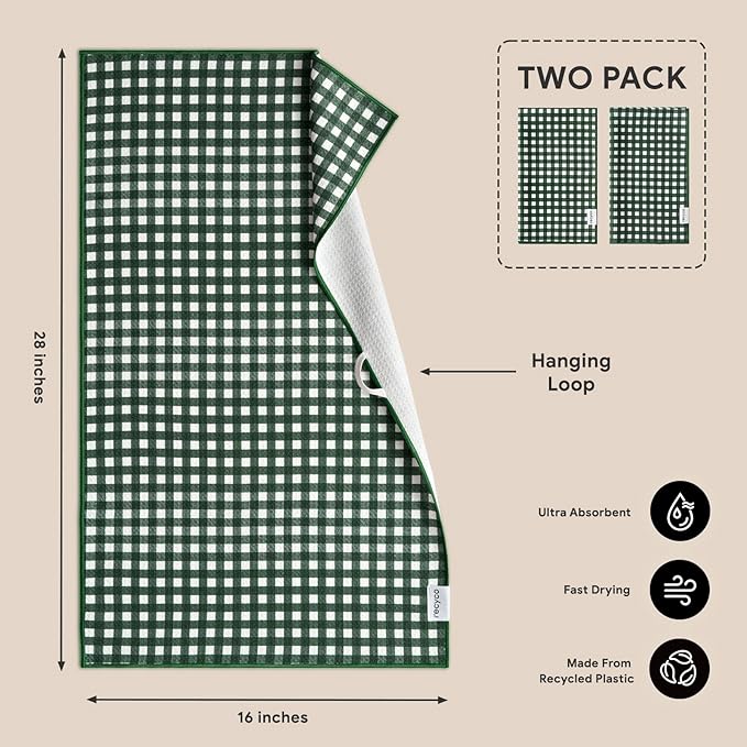 RECYCO Waffle Kitchen Towel Set of 2 - Quick Dry Microfiber Sustainable Dish Towels - Ultra Absorbent Reusable Cleaning Tea Towels - Lightweight Hand Towels,16”x 28”, Pine Green Plaid