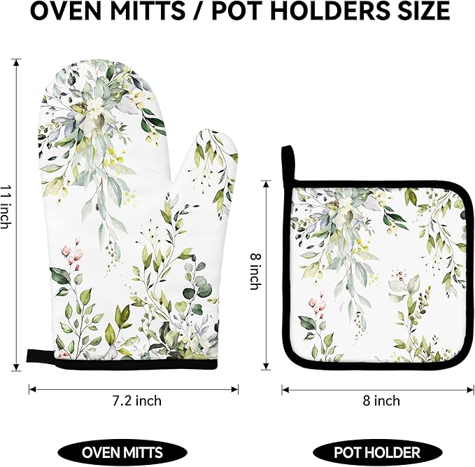 Eucalyptus Leaves Oven Mitts and Pot Holders Sets Sage Green Botanical Floral Kitchen Oven Gloves Hot Pads Farmhouse Potholders and Kitchen Mitts 4Pcs for Baking Cooking BBQ (White)
