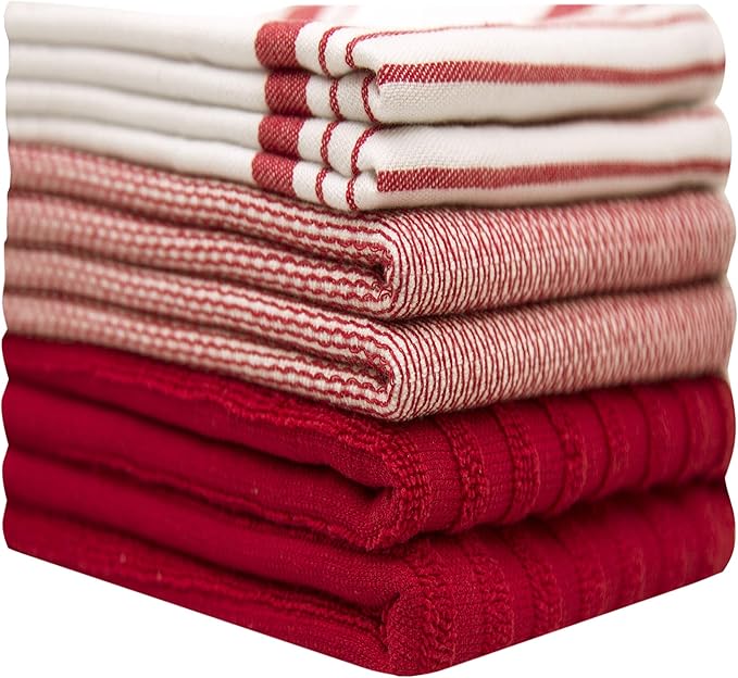 Premium Kitchen Towels (20”x 28”, 6 Pack) | Large Cotton Dish Towels | Flat & Terry Highly Absorbent Kitchen Linen Set with Hanging Loop | Red Striped