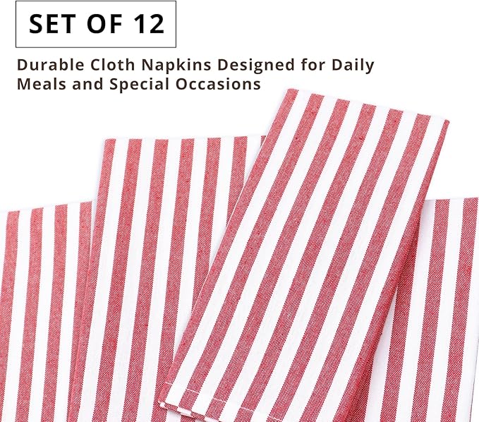 PurpleEssences Plain Striped Cloth Napkins - Set of 12-100% Cotton - 18 x 18 Inch - Spring Easter Summer and Perfect Everyday Use Dinner Napkin - Red and White