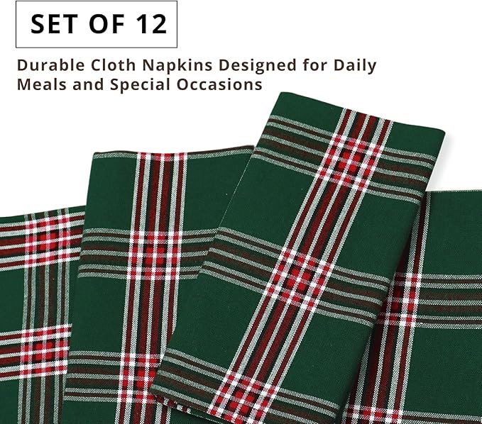 PurpleEssences Tartan Plaid Cloth Napkins - Mitered Corners - Spring Easter Summer - Scottish Check Dinner Napkin - Set of 12-100% Cotton - 18x18 Inch - Reusable Washable - Green