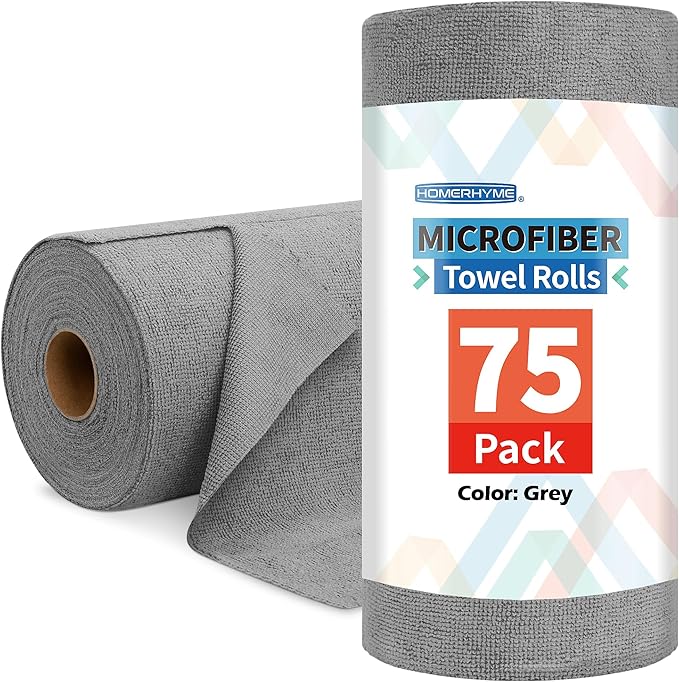 Microfiber Cleaning Cloth Roll, 75 Pack Tear Away Microfiber Towels, Reusable Washable Shop Towels, Lint Free Cleaning Rags for Car, Home, Garage & Workshop 11.5"x11.5" Grey