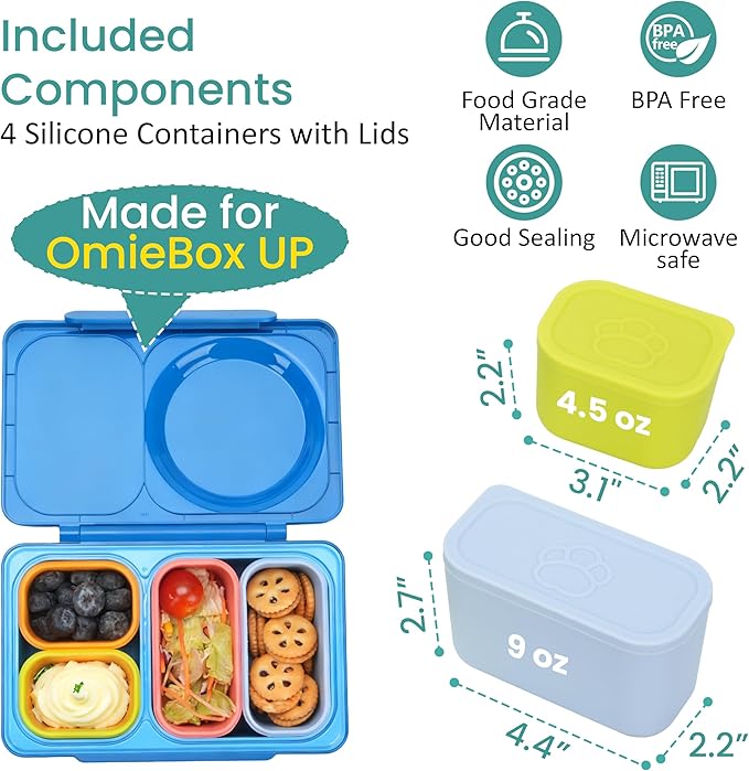 Dip Containers for OmieBox UP bento Box, 4 Pack Leakproof Salad Dressing Container To Go, Condiment Containers with Lids - Food Safe Silicone - 4.5 & 9 ounces