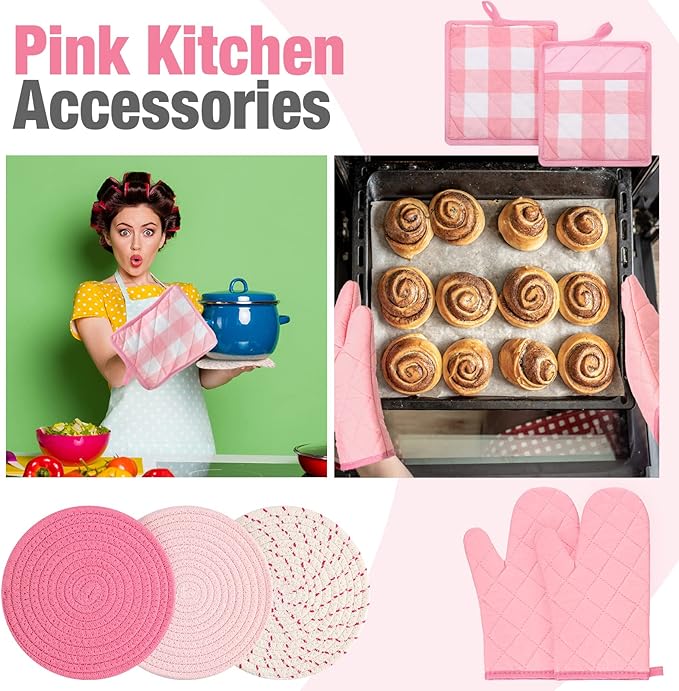 Pink Oven Mitts and Pot Holders 7 Sets, Heat Resistant Kitchen Gloves Pads Potholders for Women Gifts Pot Holders Kitchen Accessories Gift(Pink White,Cotton,Plaid)