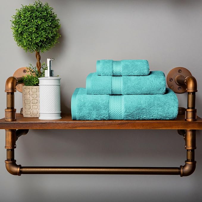 SUPERIOR Egyptian Cotton Pile 3 Piece Towel Set, Includes 1 Bath, 1 Hand, 1 Face Towel/Washcloth, Ultra Soft Luxury Towels, Thick Plush Essentials, Guest Bath, Spa, Hotel Bathroom, Turquoise