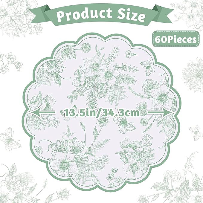 60 Pcs Sage Green Floral Paper Placemat, 13.5 Inch Disposable Scalloped Table Mats Wedding Placemats,Vintage Floral Banquet Place Mats for Mother's Day Wedding Bridal Tea Party Wildflower Party Decor