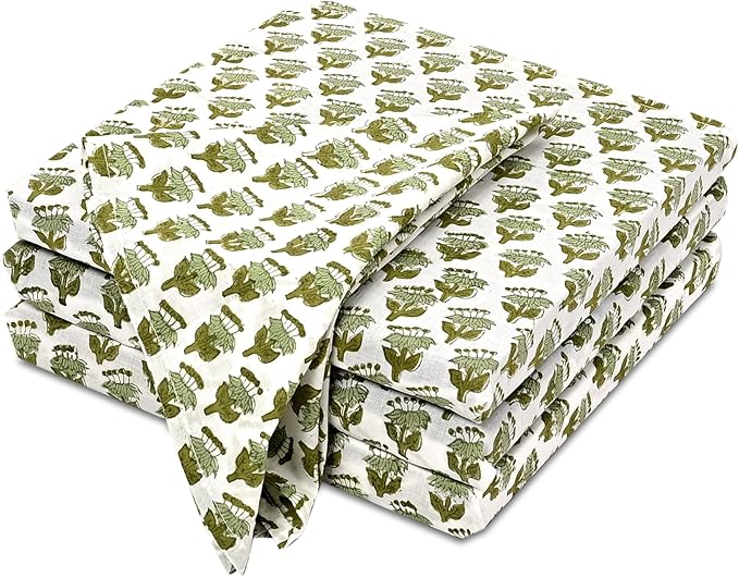CPC Emerald Green Indian Block Print Cotton Cloth Napkins Set of 4, 18x18 Reusable Everyday Napkins, Soft, Absorbent, Floral Dinner Napkin, Holiday, Party Gift, Spring,Mother's Day