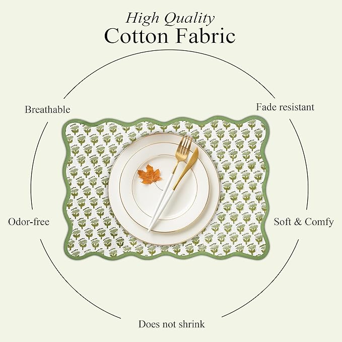 CPC Cotton Placemats Emerald Green Set of 4-Hand Block Printed Reversible Placemats, Flower Scalloped & Embroidered Cloth Table Mats - 14 x 20 inch Gift for Spring, Mother's Day